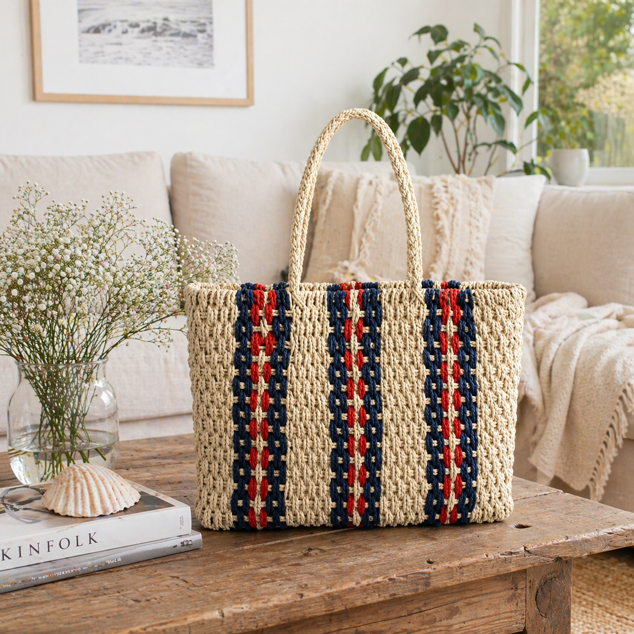 Striped Straw Beach Tote Bag for Women