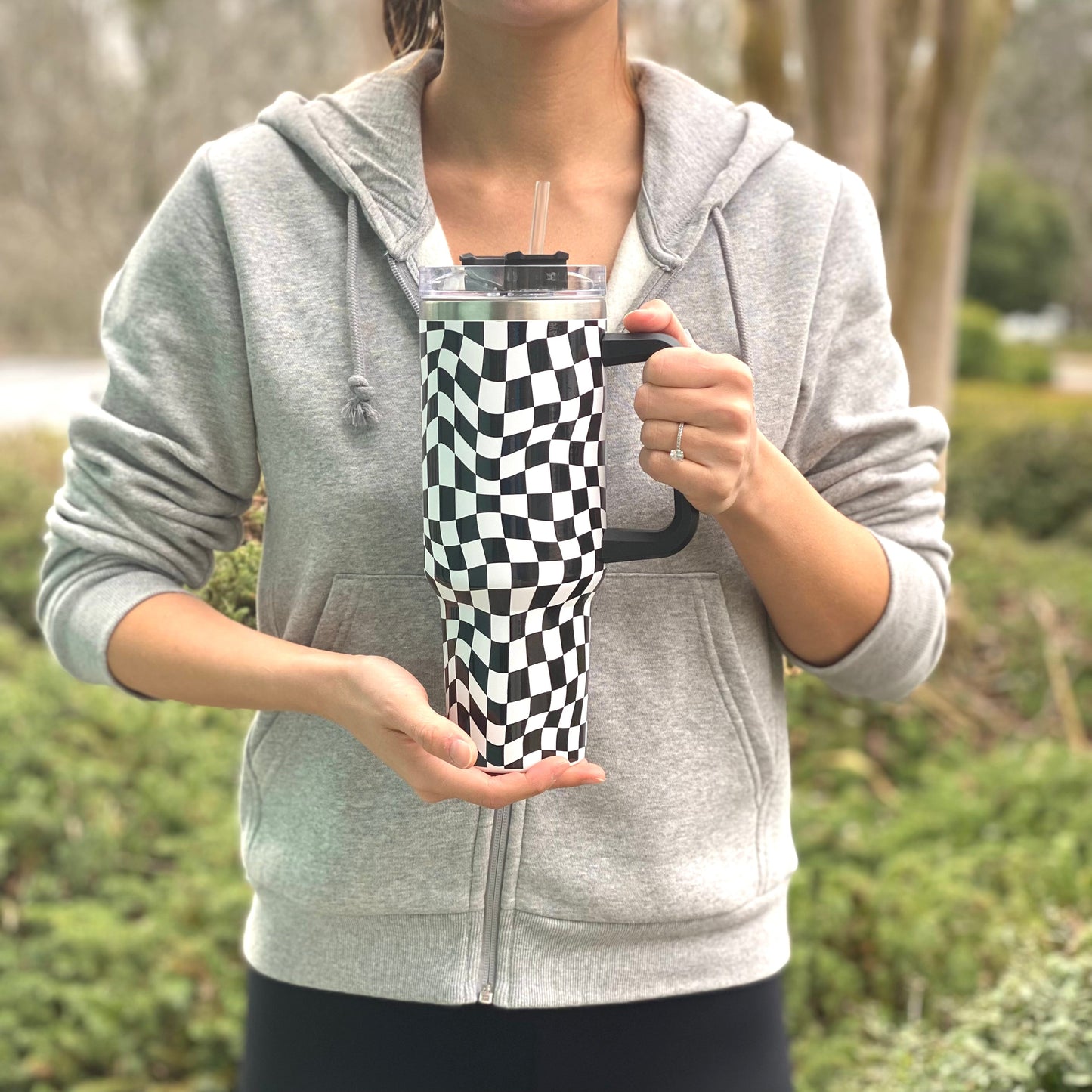 Checker Pattern Tumbler 40oz – Large Handle Travel Cup