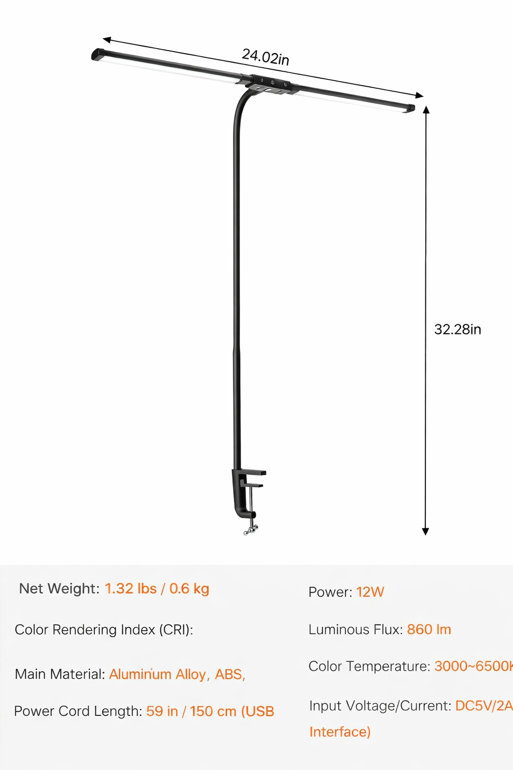 Double Head LED Desk Lamp with Clamp & Adjustable Gooseneck