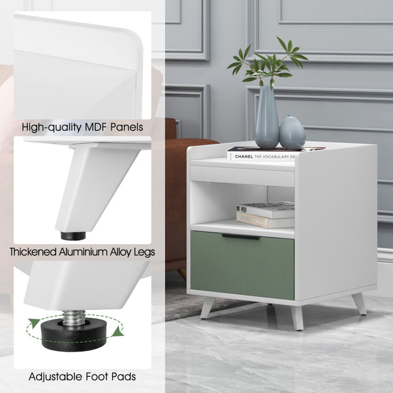 Modern Nightstand with LED Lights Sliding Drawer and Open Compartment