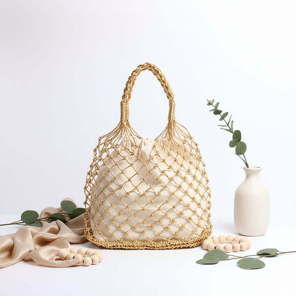 Straw Woven Beach Bag for Women Gold Color
