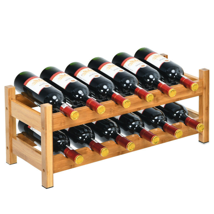Bamboo 12 Bottles Wine Rack 2-Tier Wine Storage Shelf