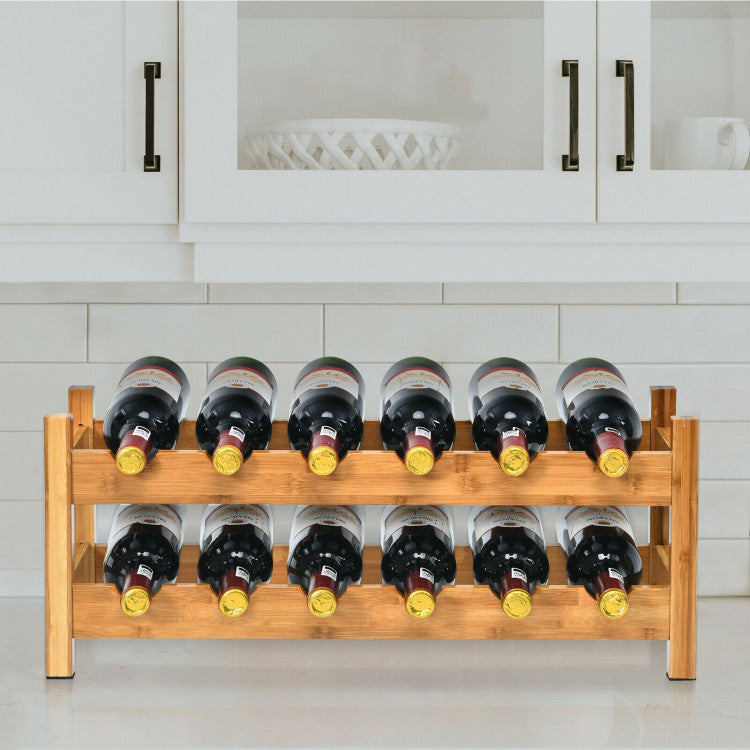 Bamboo 12 Bottles Wine Rack 2-Tier Wine Storage Shelf