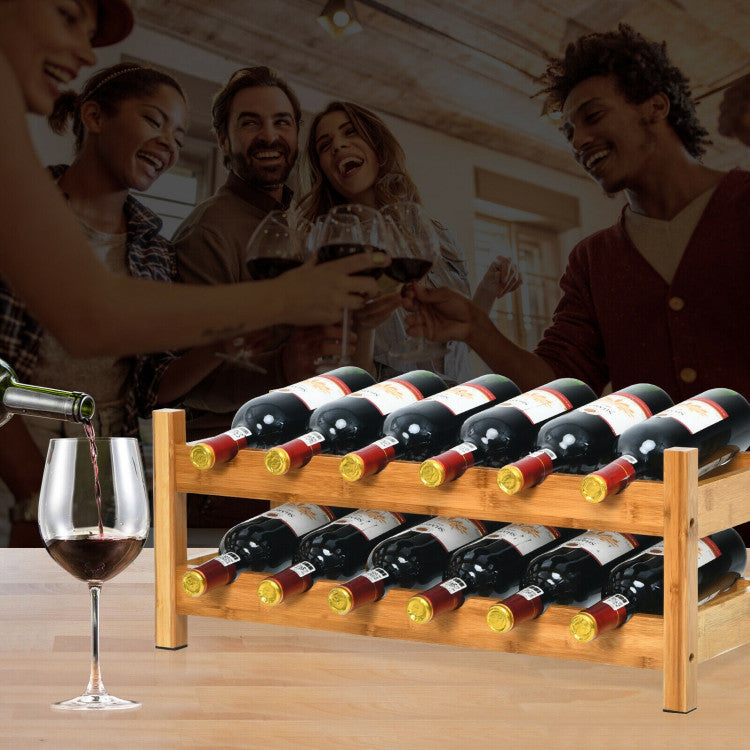 Bamboo 12 Bottles Wine Rack 2-Tier Wine Storage Shelf