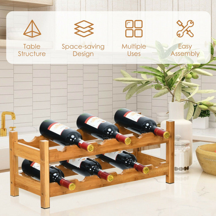 Bamboo 12 Bottles Wine Rack 2-Tier Wine Storage Shelf