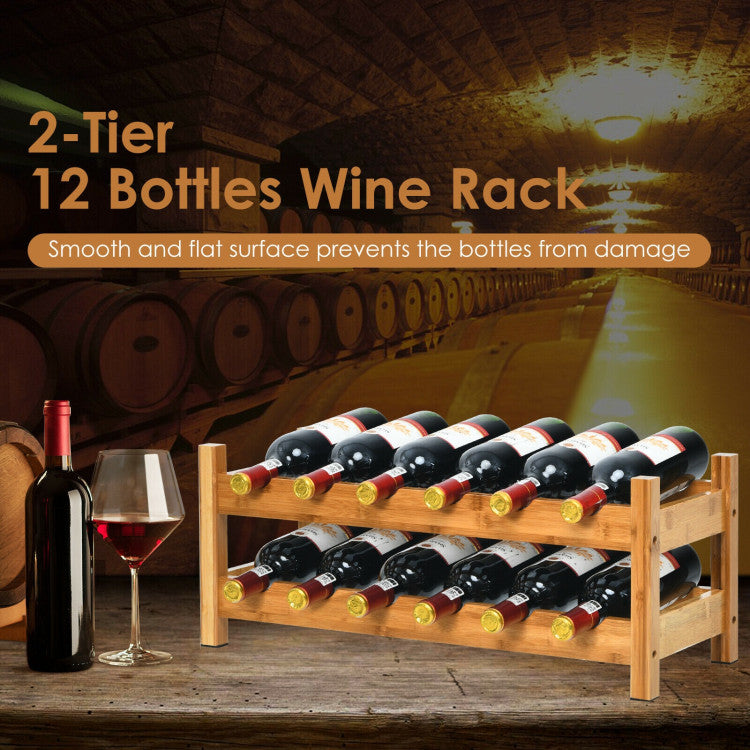 Bamboo 12 Bottles Wine Rack 2-Tier Wine Storage Shelf