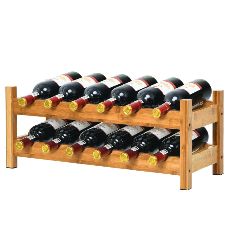 Bamboo 12 Bottles Wine Rack 2-Tier Wine Storage Shelf