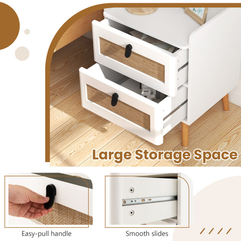 Modern End Table Bedside Table with 2 Rattan Decorated Drawers