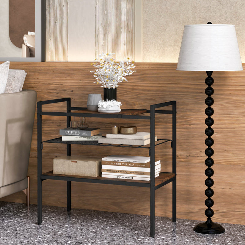 3-Tier Industrial Entryway Table with Removable Panel and Mesh Shelf