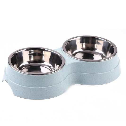 Dog Double Bowl Stainless Steel Feeder for Pets, Blue