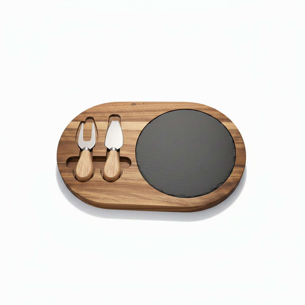 Acacia Wood Charcuterie Board with Engraved Slate Inlay & Cheese Tools – Soaring Bird Design