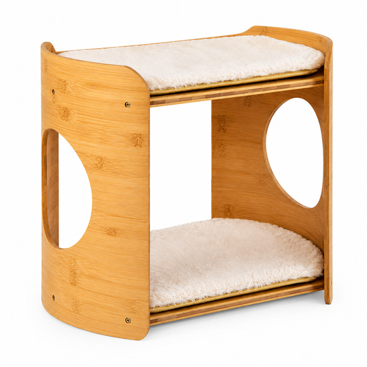 2-Tier Bamboo Cat Tree Indoor Cats with Plush Mats and Cat Holes