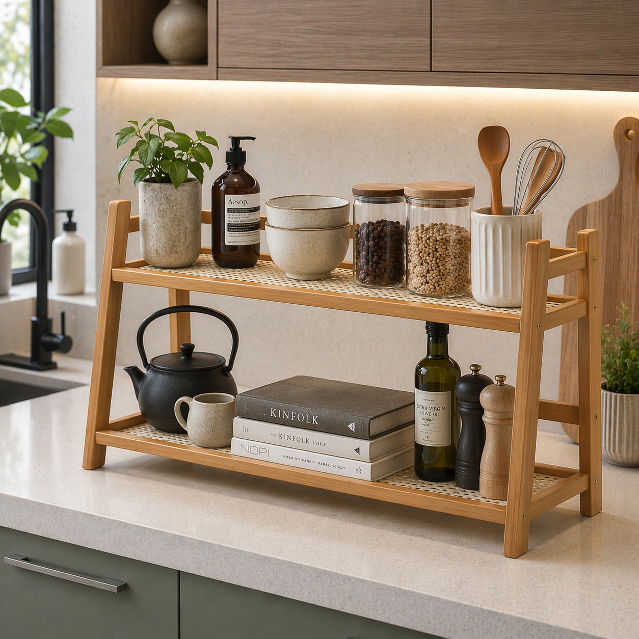 2-Tier Bamboo Kitchen Counter Organizer Shelf for Coffee Bar