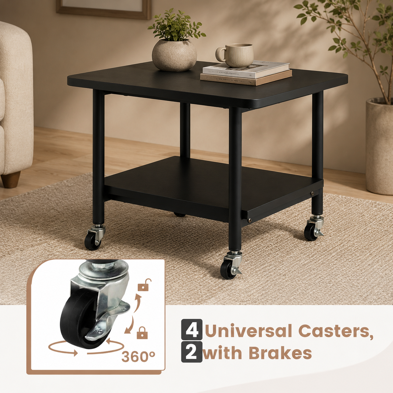2-Tier Rolling Cart with Storage Shelf and Lockable Wheels