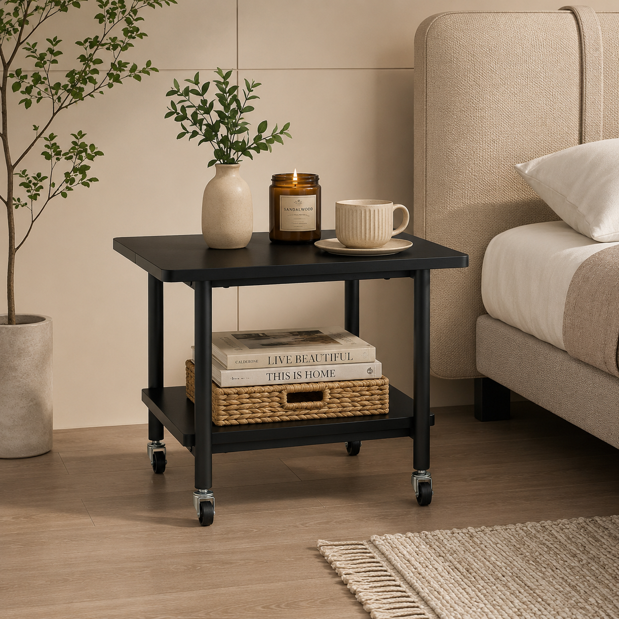 2-Tier Rolling Cart with Storage Shelf and Lockable Wheels