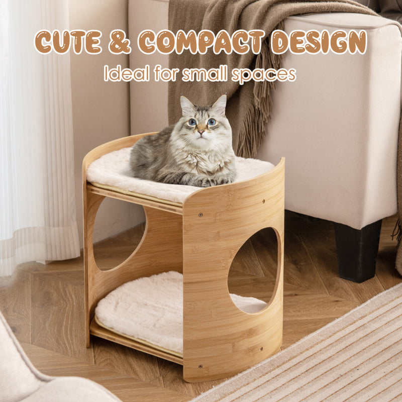 2-Tier Cute Small Cat Tree for Indoor Cats with Natural Bamboo Frame