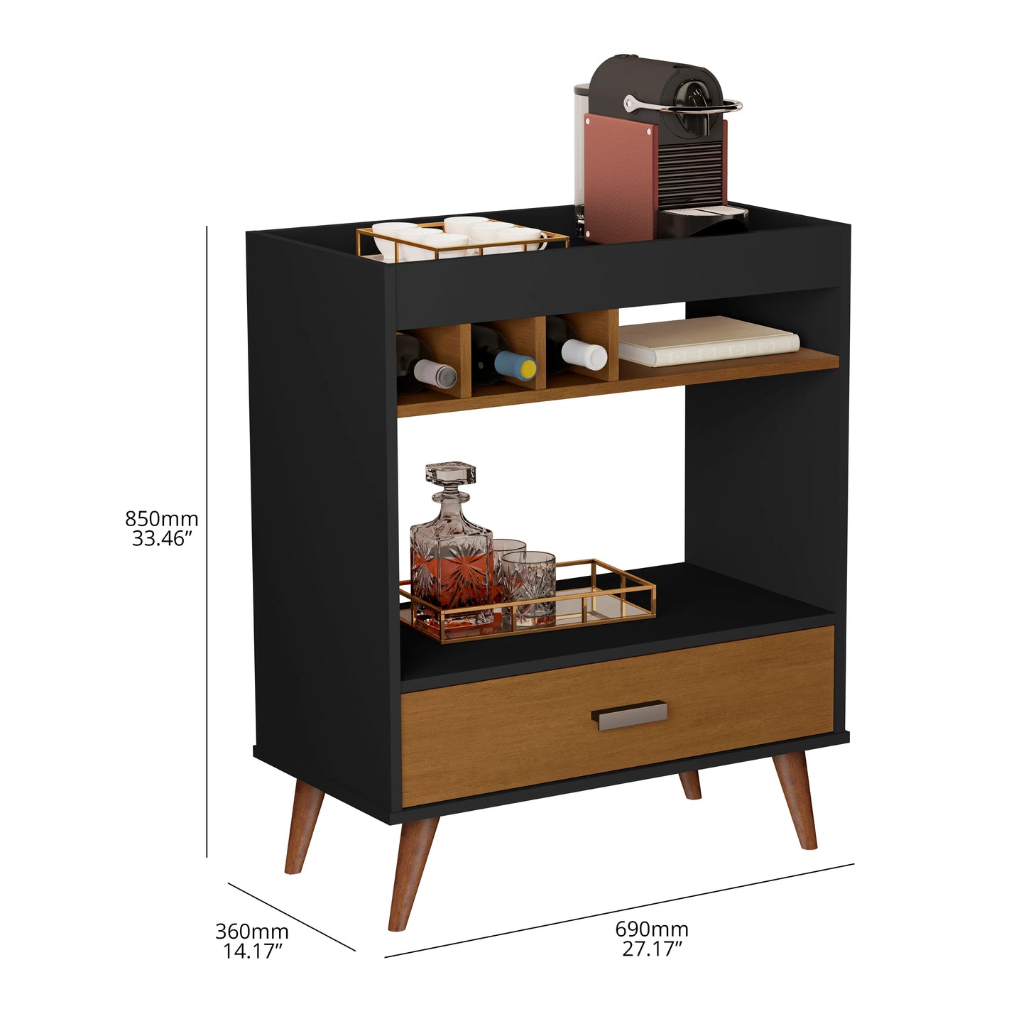 Mid-Century Bar Cabinet with Wine Rack & Storage Drawer