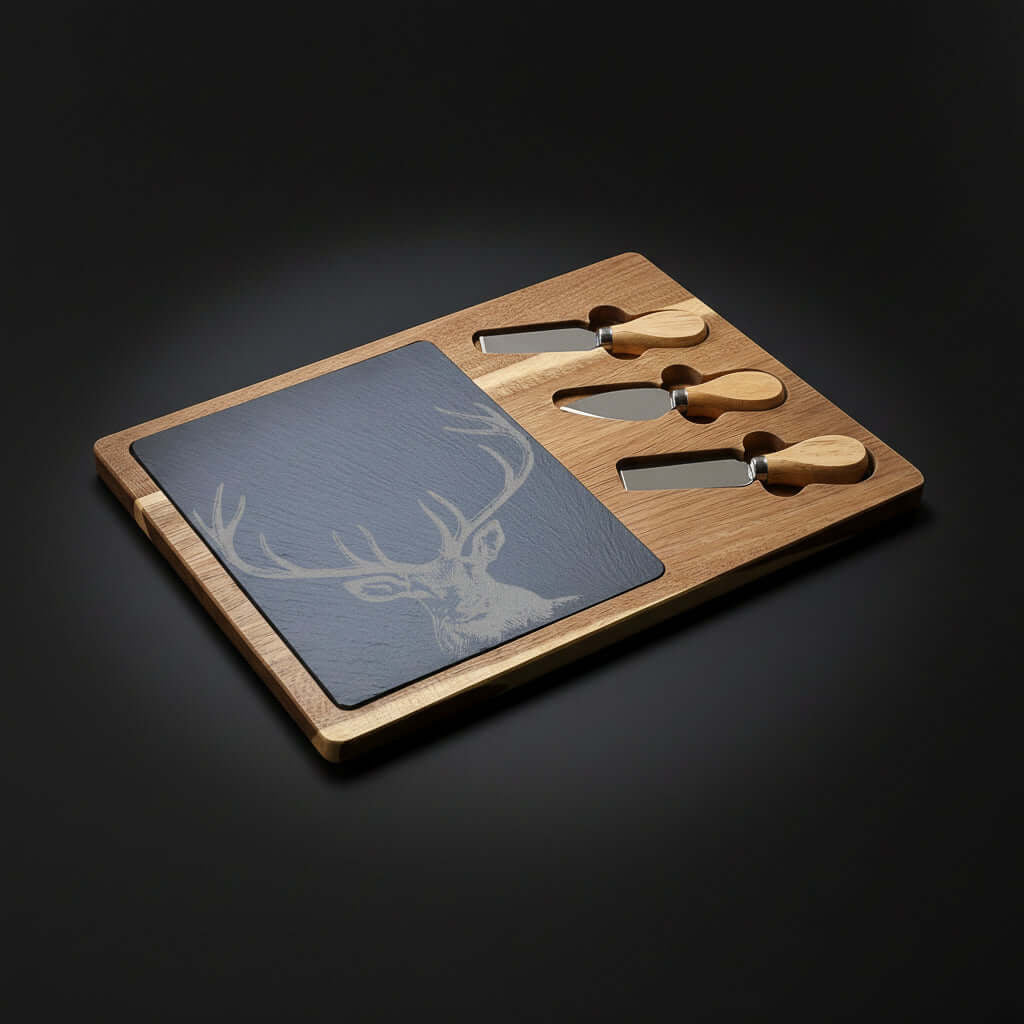 Engraved Deer Charcuterie Board with Slate – Acacia Wood Cheese Board with Knives | Rustic Serving Board (Multiple Styles)
