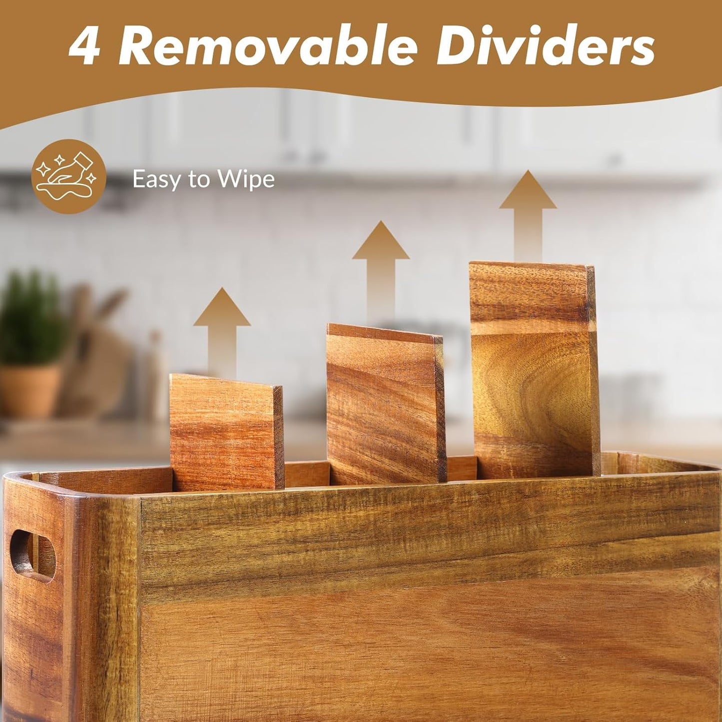 Kitchen Utensil Holder for Counter or Countertop, Extra Large Acacia Wood Organizer with 4 Compartments, Wooden Storage for Cooking and Silverware, Rustic Minimalist Decor, Sturdy Utensil Crock