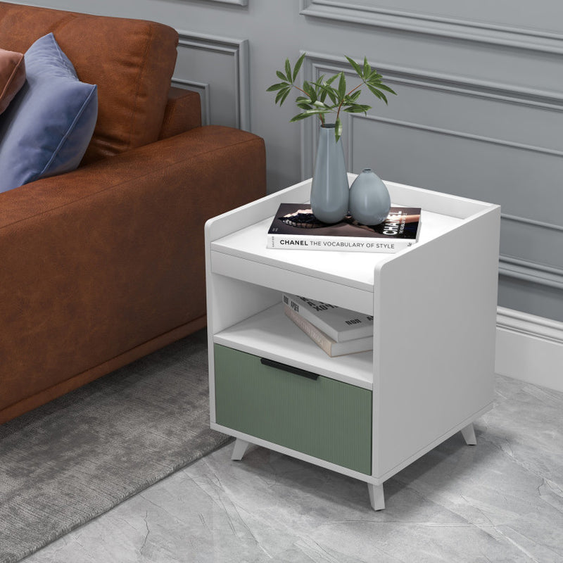 Modern Nightstand with LED Lights Sliding Drawer and Open Compartment