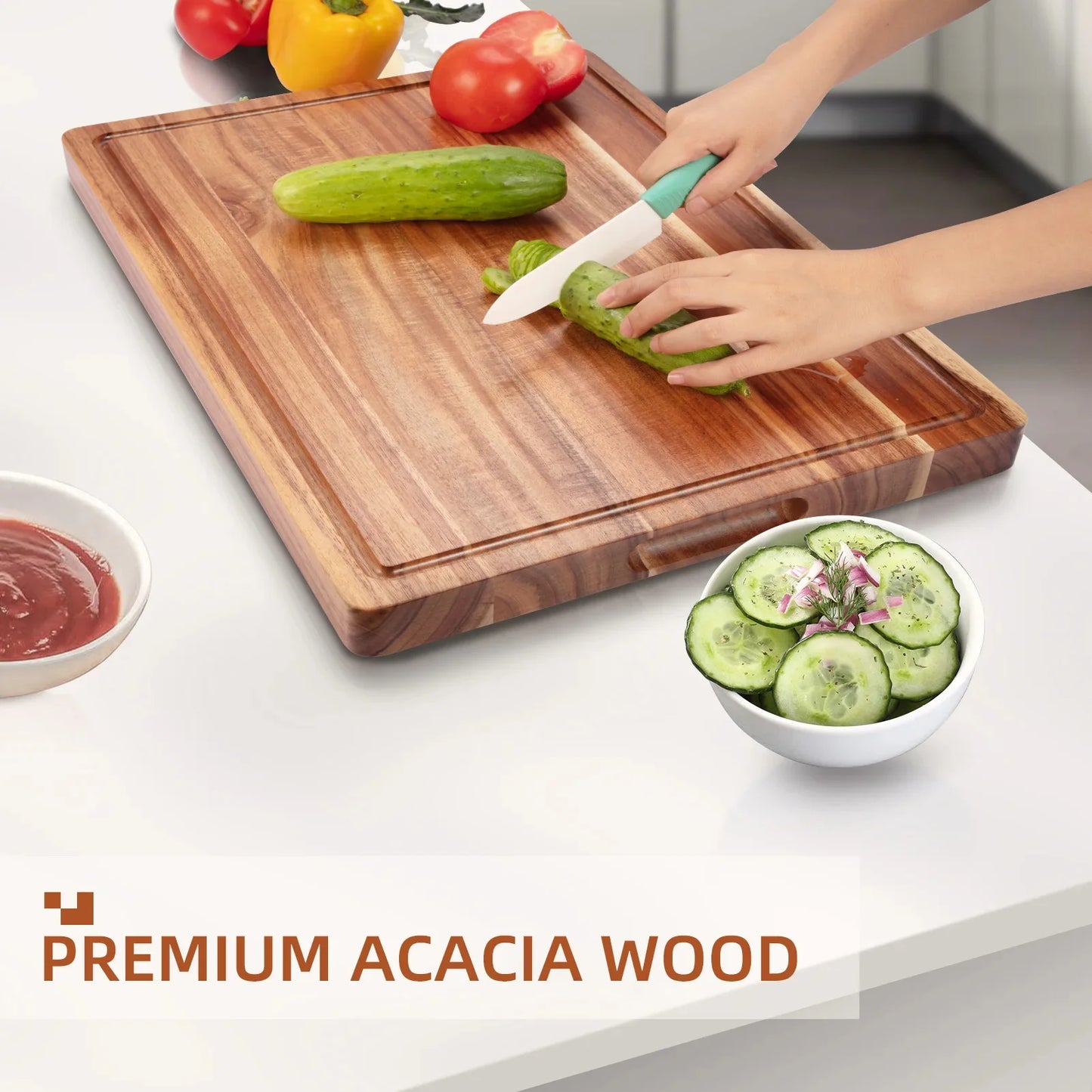 Large Acacia Wood Cutting Board for Kitchen, 17X12 Inch Reversible Wooden Chopping Board Charcuterie Board with Juice Grooves and Handle for Meat, Cheese, Vegetables, Fruits, Bread