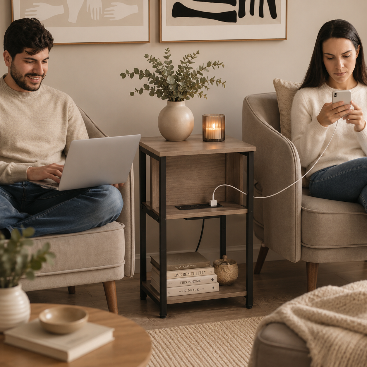 3-Tier End Table with USB Ports and Power Outlets