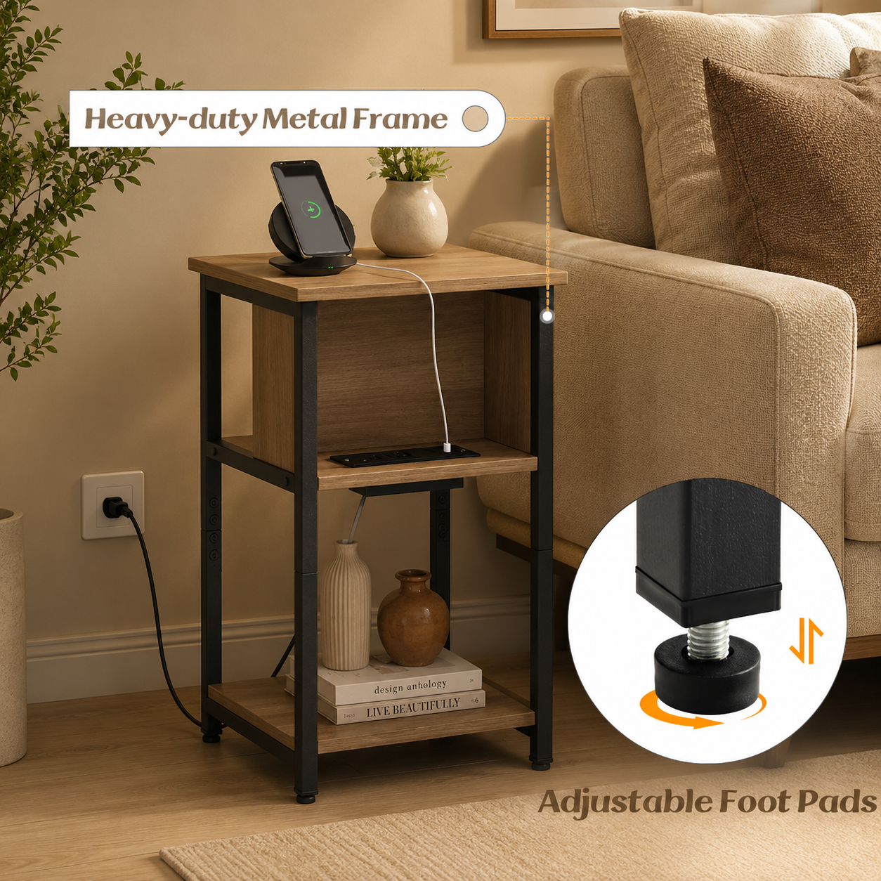 3-Tier End Table with USB Ports and Power Outlets