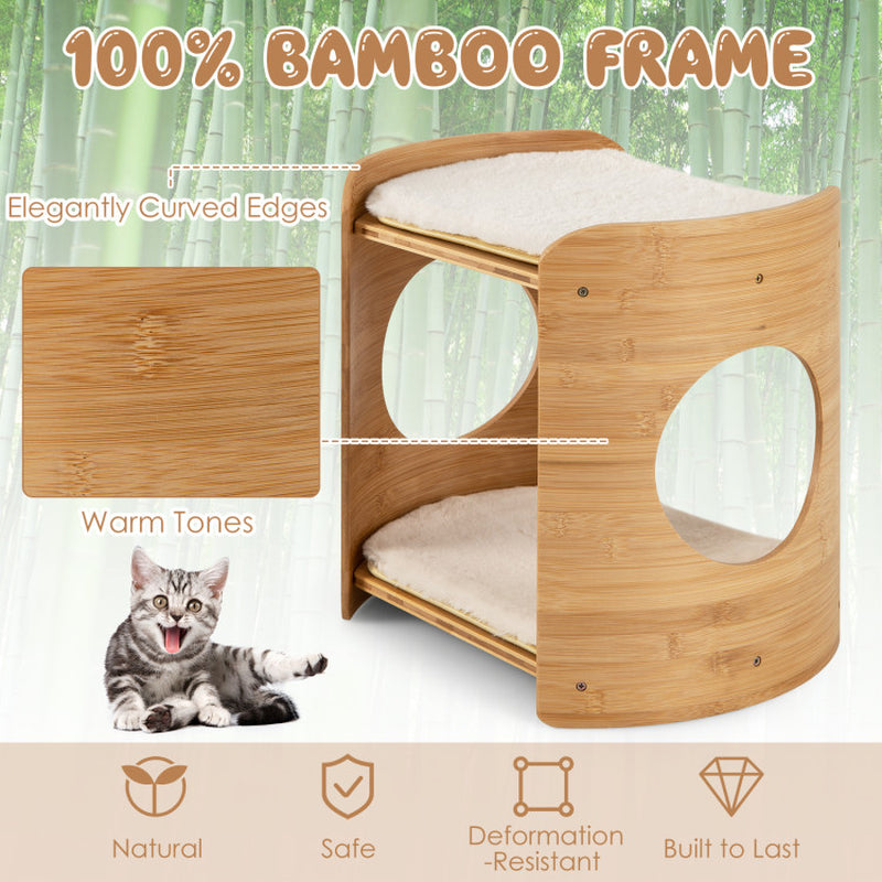 2-Tier Cute Small Cat Tree for Indoor Cats with Natural Bamboo Frame