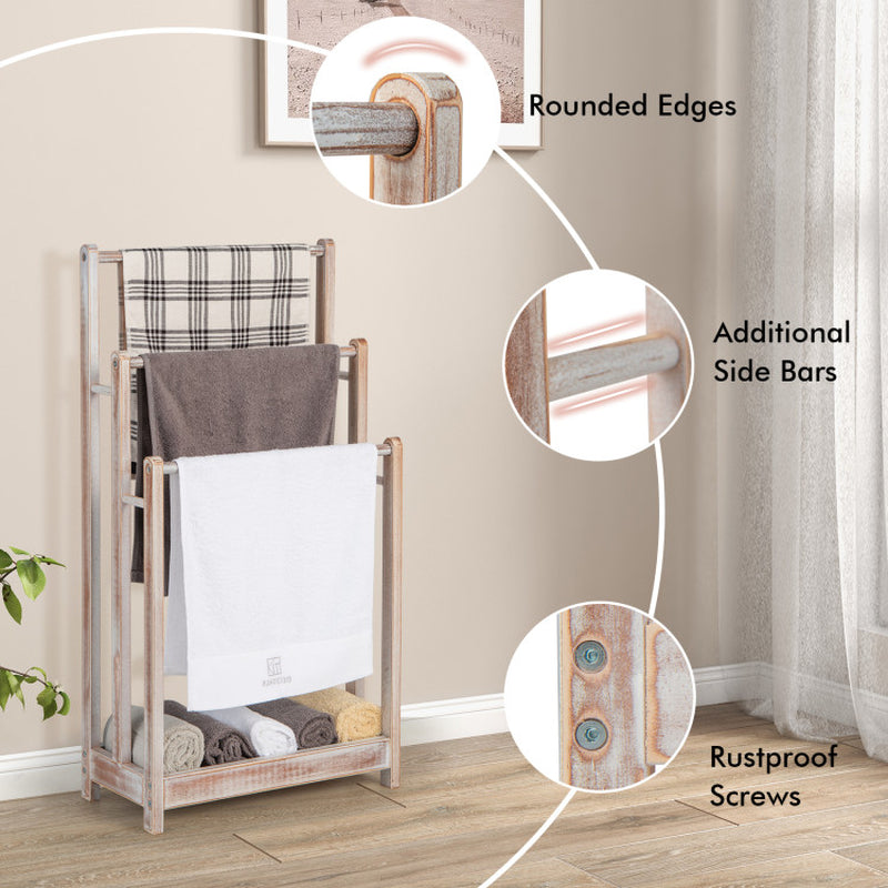 Freestanding Towel Rack 3-Bar Hand Towel Drying Stand with Bottom Storage Shelf