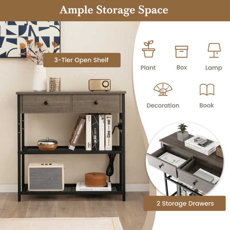 Narrow Console Table with 2 Drawers and 2 Metal Mesh Shelves