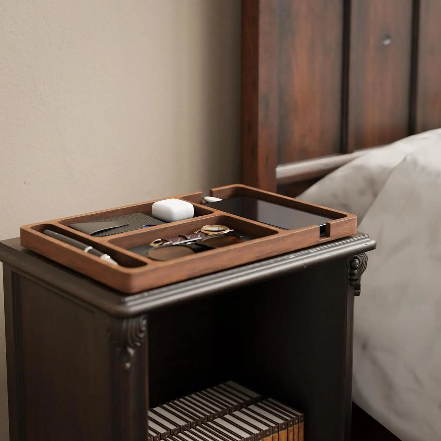 Wooden Office Desktop Storage Box Solid Wood Partition Storage Box Mobile Phone Headphone Debris Storage Box Wooden Storage Tray