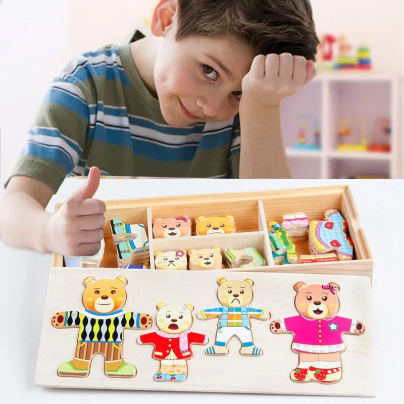Melissa & Doug Mix 'N Match Wooden Bear Family Dress-Up Puzzle with Storage Case (45 Pcs) - Wooden Teddy Bear Puzzle, Sorting and Matching Puzzles for Toddlers
