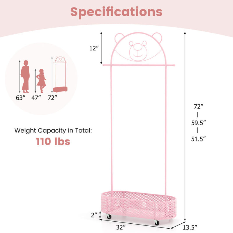 Kid Clothes Rack with 3 Adjustable Heights and Wheels