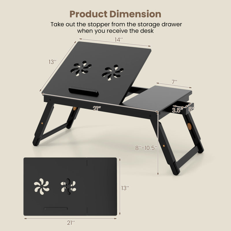 Adjustable Bamboo Laptop Desk with Tilting Top and Drawer