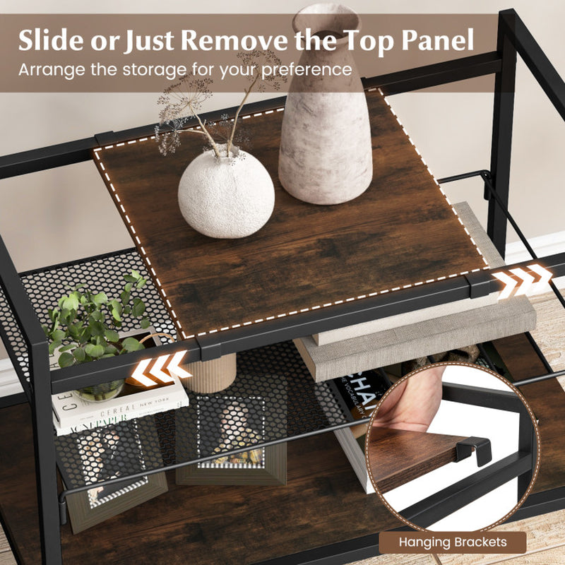 3-Tier Industrial Entryway Table with Removable Panel and Mesh Shelf