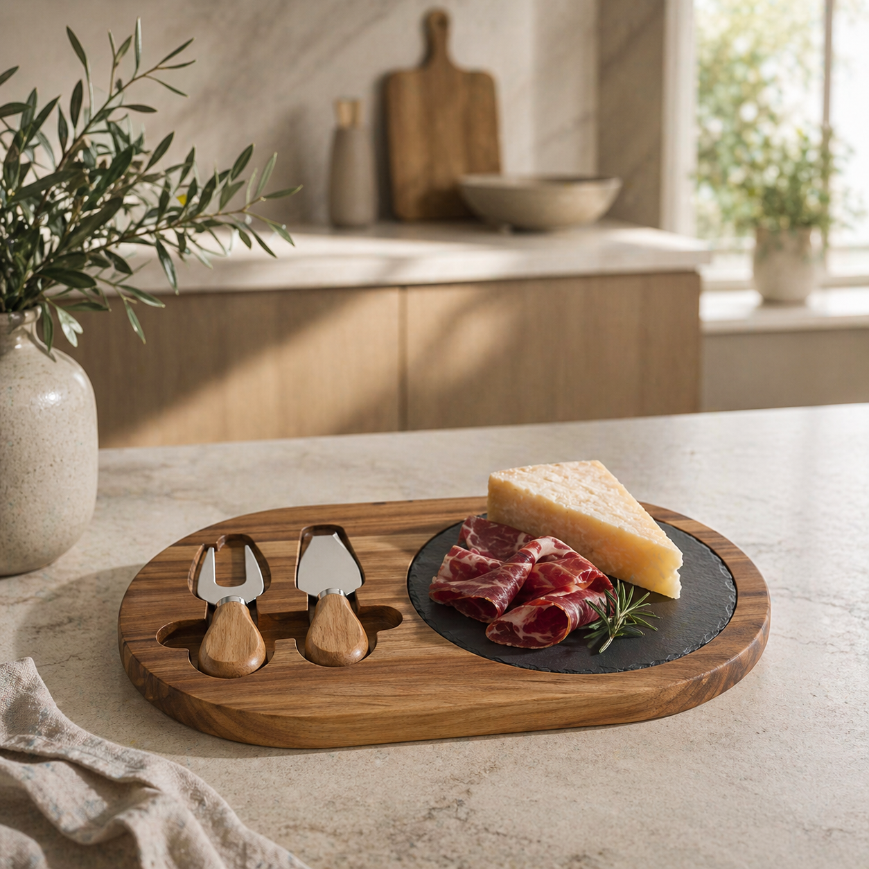 Acacia Wood Charcuterie Board with Slate & Cheese Tools
