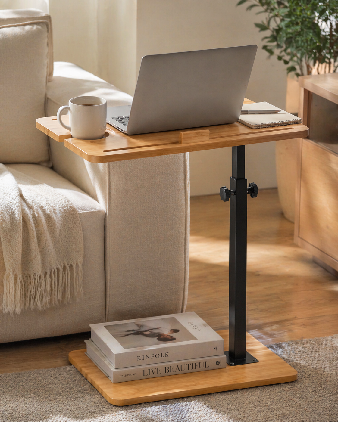 Adjustable C-Shape Sofa Side Table with Rotating Tray
