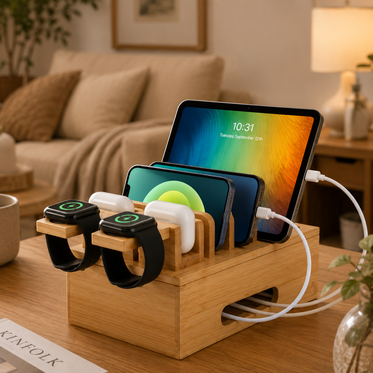 Bamboo Charging Station for Multiple Devices (Up to 8 Devices)