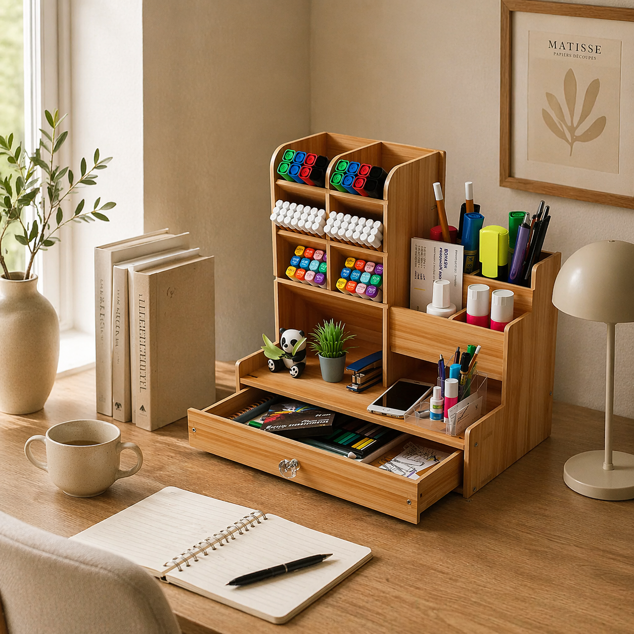 Bamboo Desk Organizer with Drawer – Multi-Compartment Office Storage
