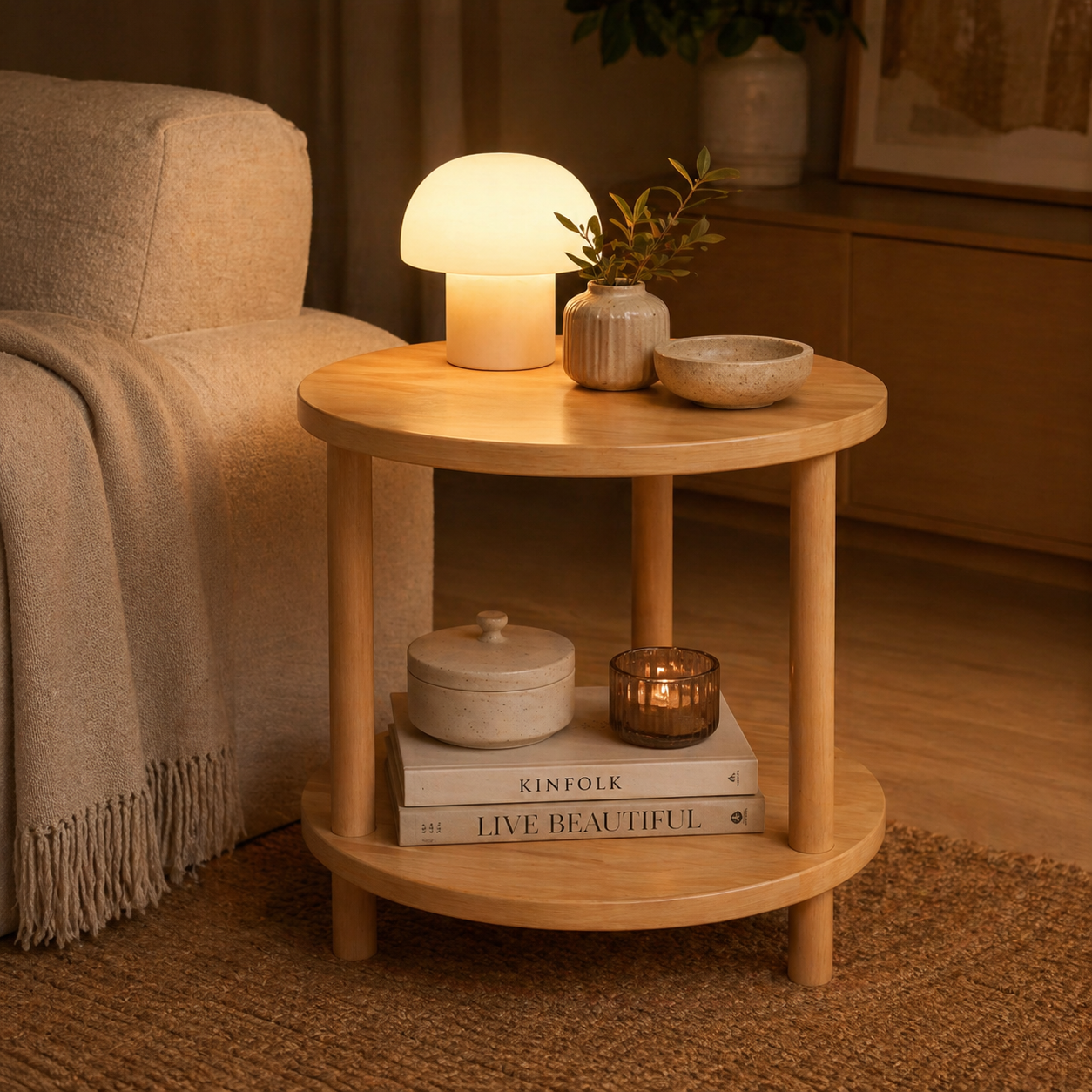 Modern Wooden Bedside Table – 2-Tier Round Nightstand
