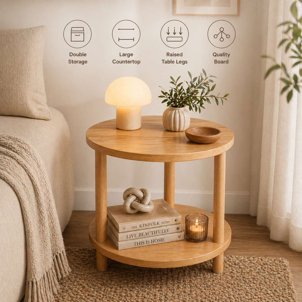 Modern Wooden Bedside Table – 2-Tier Round Nightstand