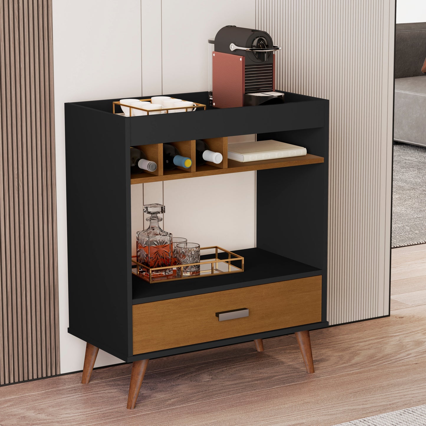 Mid-Century Bar Cabinet with Wine Rack & Storage Drawer