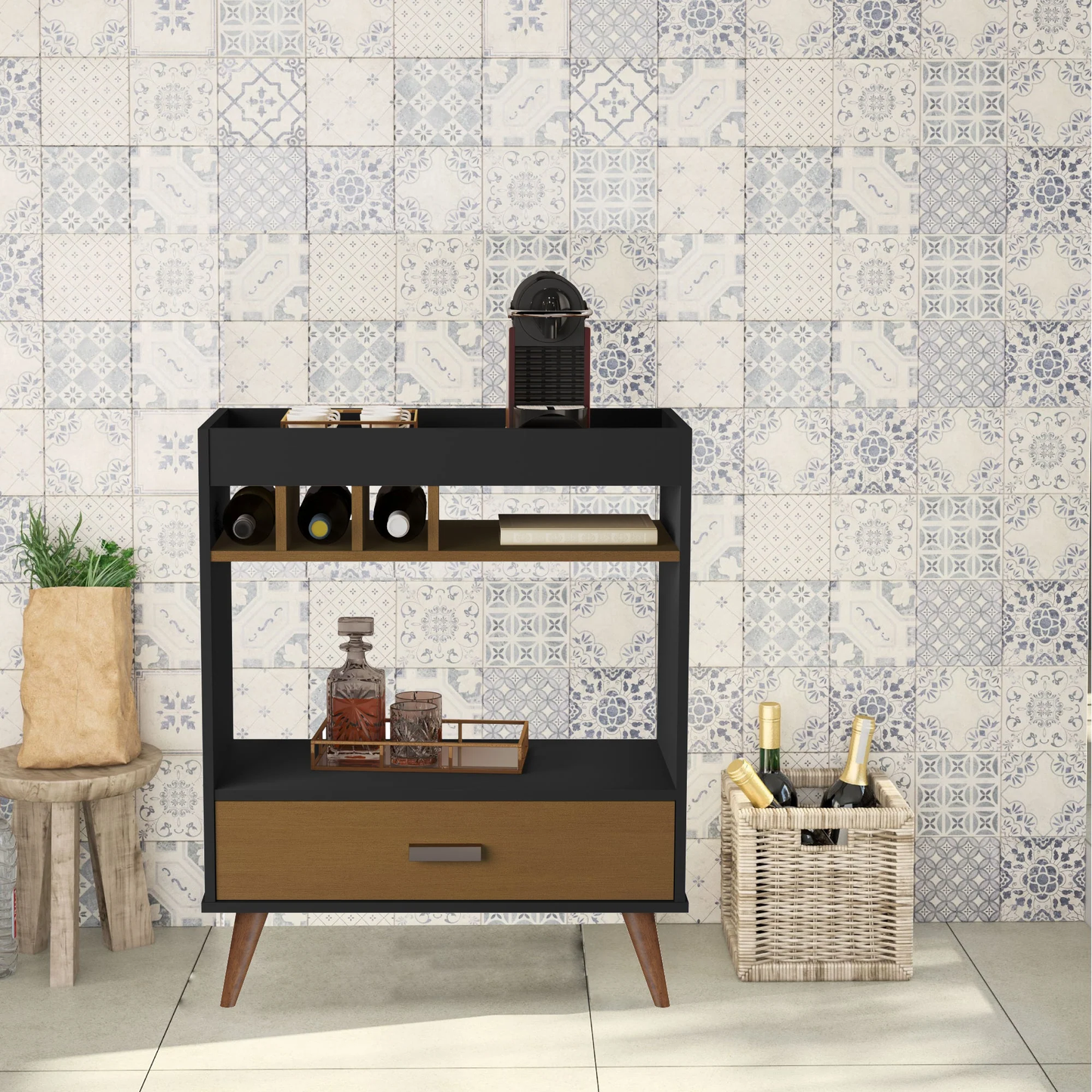 Mid-Century Bar Cabinet with Wine Rack & Storage Drawer