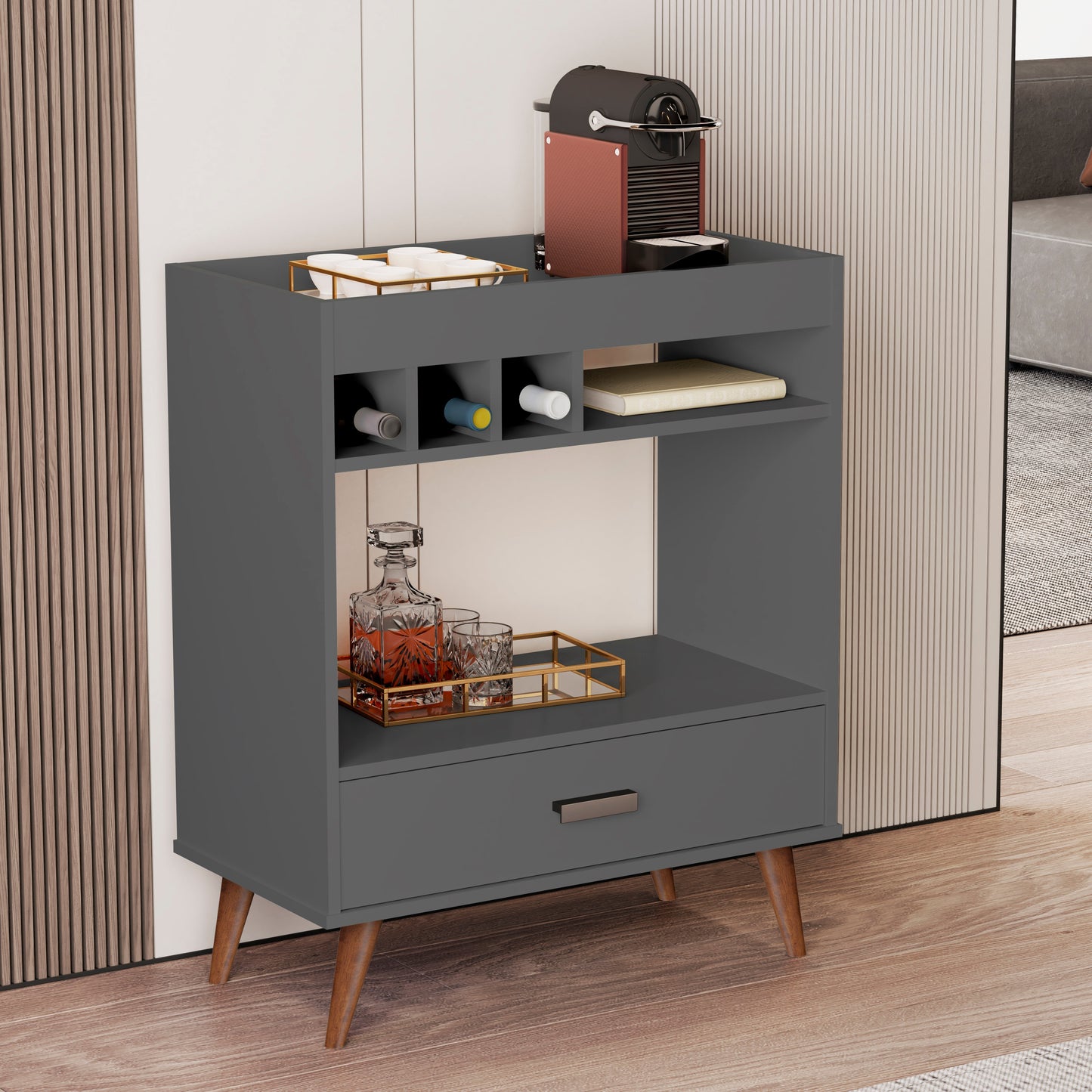 Mid-Century Bar Cabinet with Wine Rack & Storage Drawer