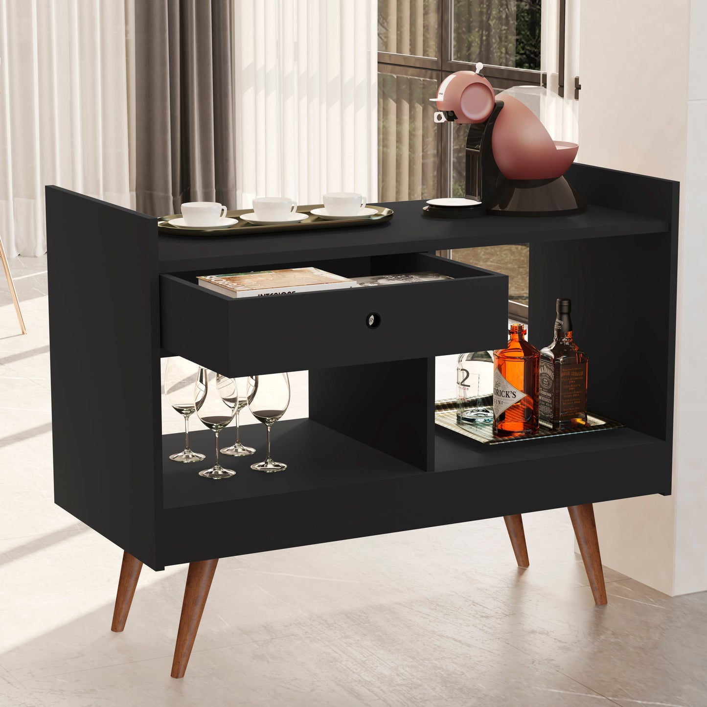 Modern Bar Cabinet with Drawer & Open Shelves
