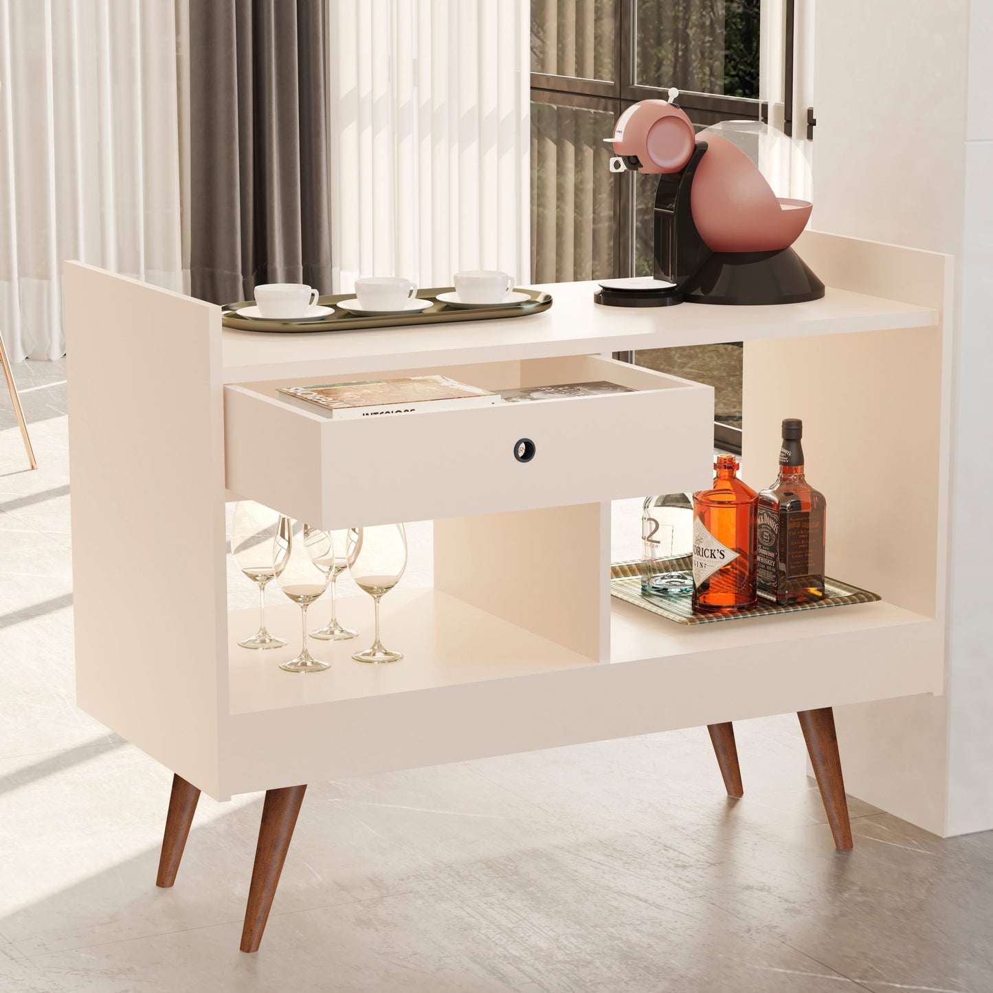 Modern Bar Cabinet with Drawer & Open Shelves