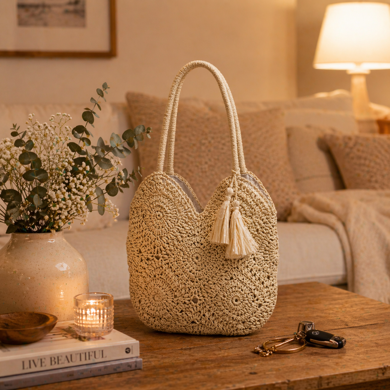 Boho Woven Straw Beach Tote Bag
