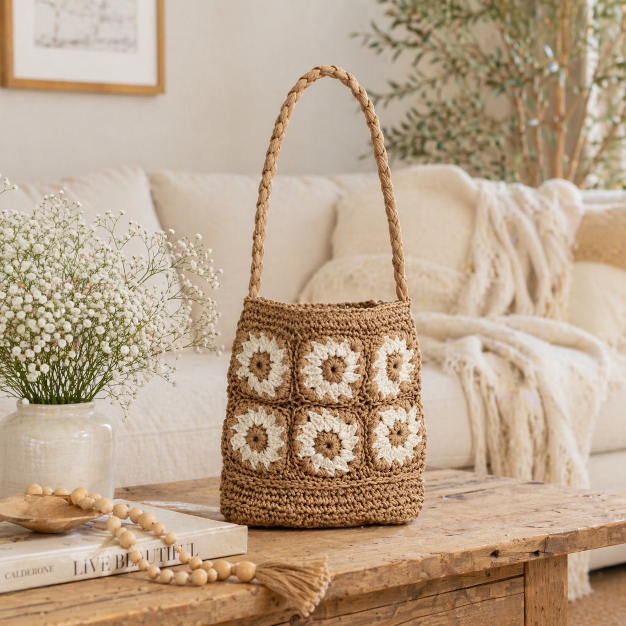 Daisy Woven Straw Shoulder Bag