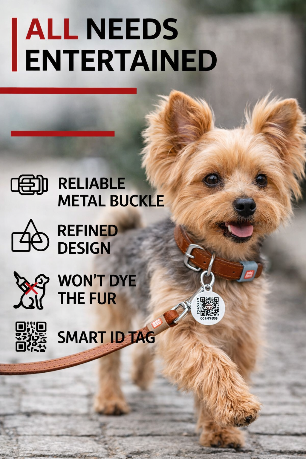 Genuine Leather Dog Collar XS – 8-11 in Neck with QR Safety Tag
