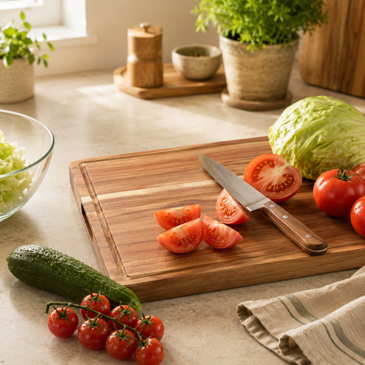 Large Acacia Wood Cutting Board with Juice Groove & Handles